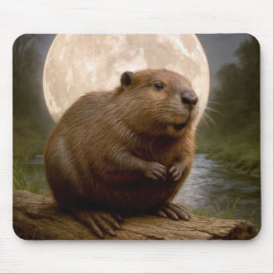 Biber auf einem Baumstamm bei Vollmond Mousepad