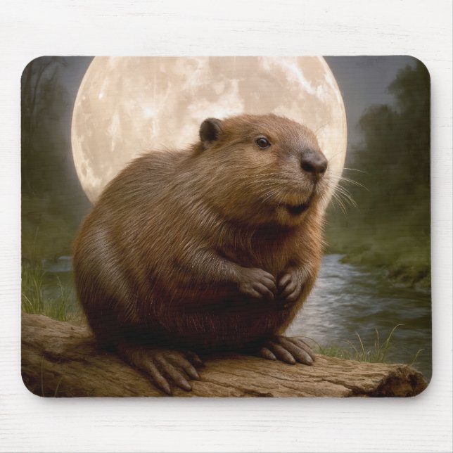 Biber auf einem Baumstamm bei Vollmond Mousepad (Vorne)