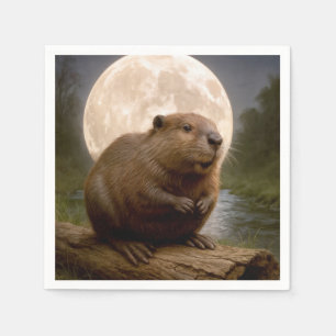 Biber auf einem Baumstamm bei Vollmond Serviette