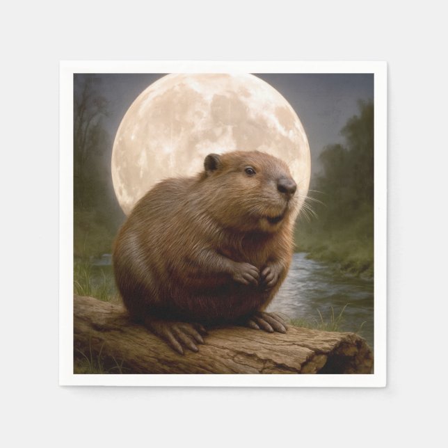 Biber auf einem Baumstamm bei Vollmond Serviette (Vorderseite)