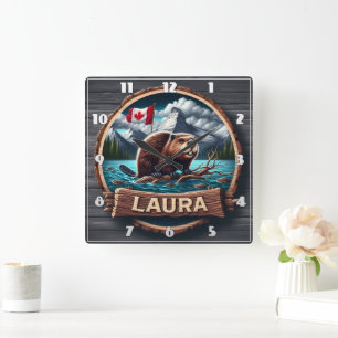 Biber auf einem bewaldeten See mit kanadischer Fla Quadratische Wanduhr