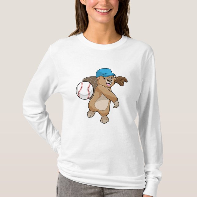 Biber beim Baseball Sport mit Cap T-Shirt (Vorderseite)