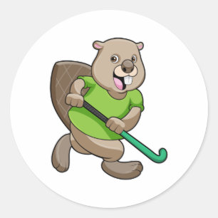 Biber beim Hockey mit Hockeyschläger Runder Aufkleber