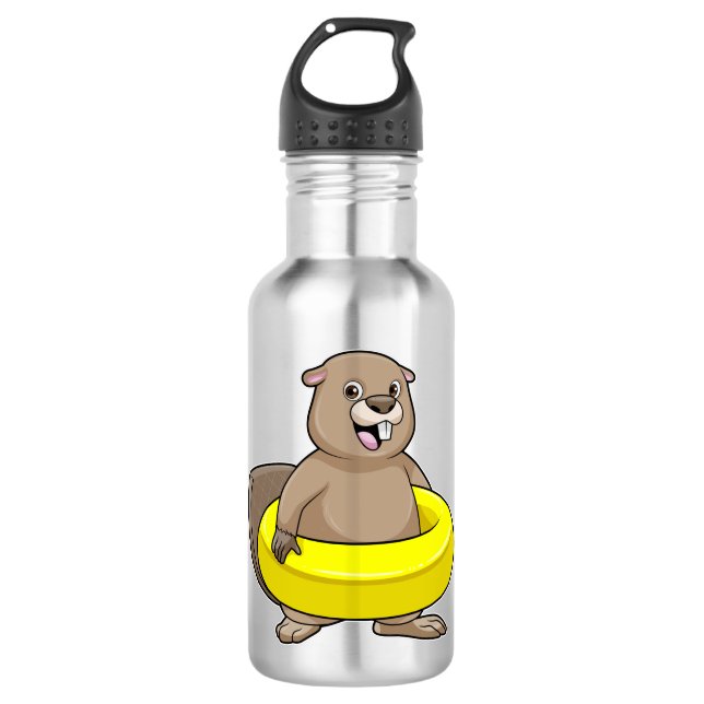 Biber beim Schwimmen mit Swimming-Ring Edelstahlflasche (Vorderseite)