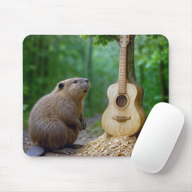 Biber bewundert seine Gitarre auf einem Baum Mousepad (Mit Mouse)