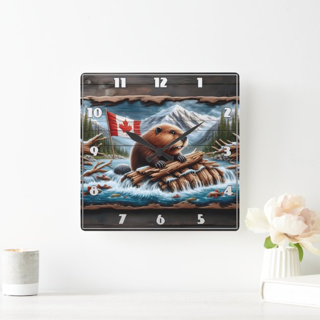 Biber Builds Lodge by Mountain Stream Quadratische Wanduhr (Zuhause)