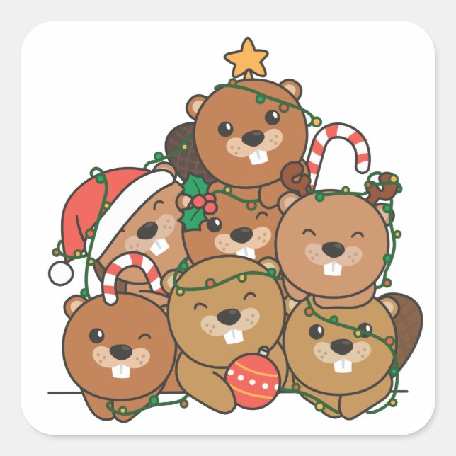 Biber Christmas Tree Funny Animal Christmas Squar Quadratischer Aufkleber (Vorderseite)