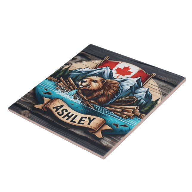 Biber durch Fluss mit Bergen dahinter Fliese (Seite)