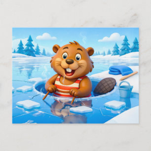 Biber Eisbad in einem gestreiften Badeanzug Postkarte