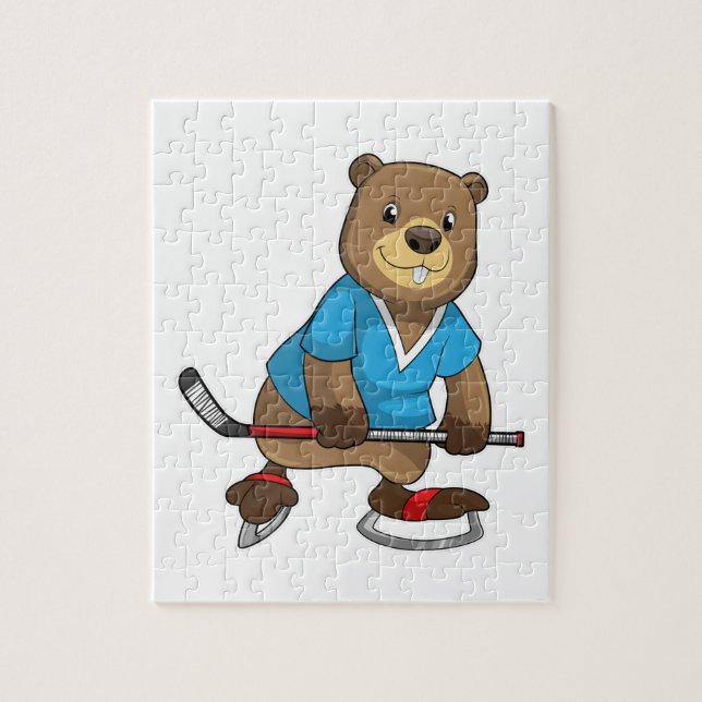 Biber im Eishockey mit Eishockeyschläger Puzzle (Vertikal)