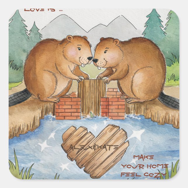 Biber in Liebe Quadratischer Aufkleber (Vorderseite)