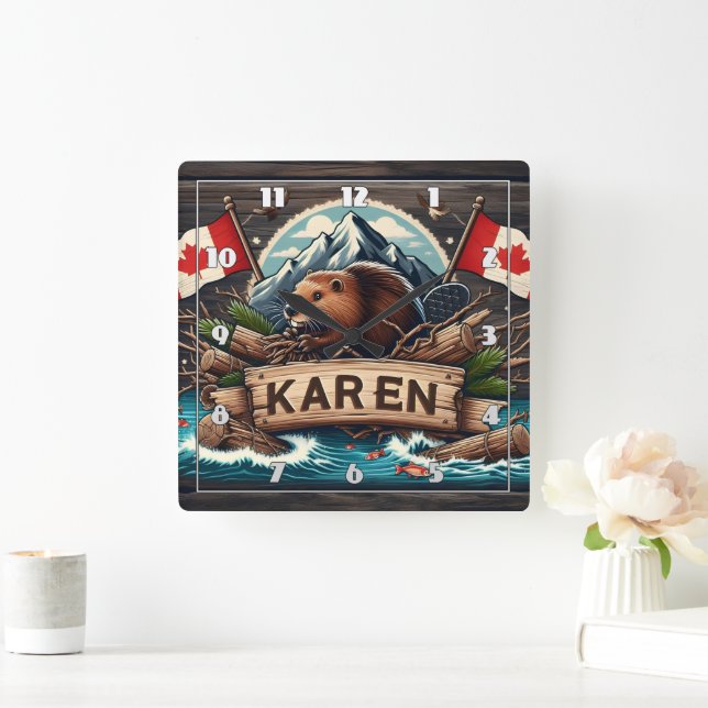 Biber, Logs, Flaggen und Berge Quadratische Wanduhr (Zuhause)