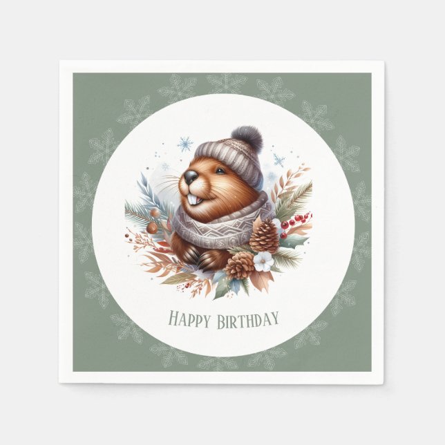 Biber mit Hut und Schal - Geburtstag Serviette (Vorderseite)