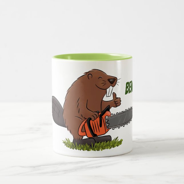 Biber mit Kettensäge Cartoon Zweifarbige Tasse (Mittel)