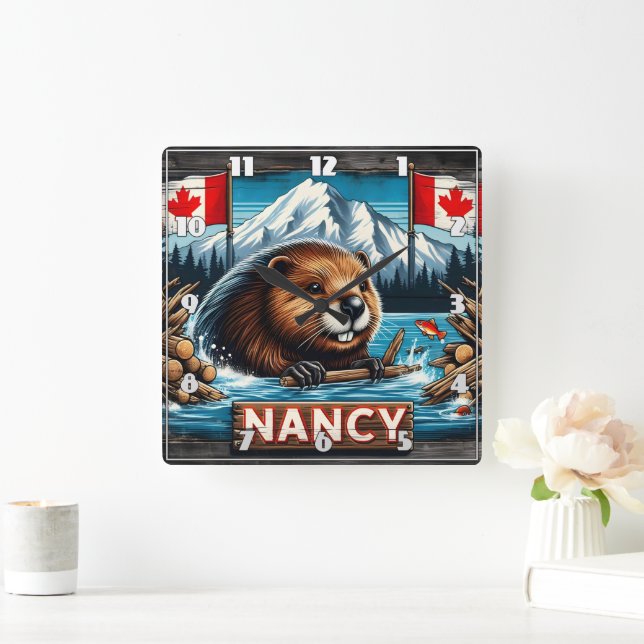 Biber mit Keule von kanadischen Fahnen Quadratische Wanduhr (Zuhause)