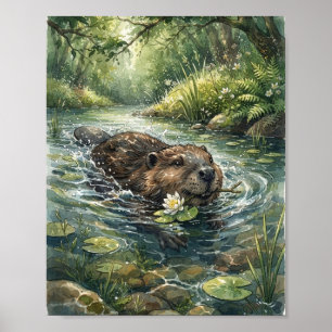 Biber schwimmt mit Wasserlilien-Waldstromwasser Poster