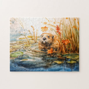 Biber sitzt am Teich zwischen Schilfrohr Puzzle