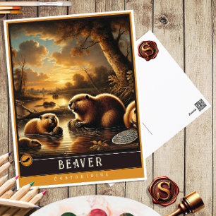 Biber Süße Familie Vintage-Tier-Postkarte Postkarte