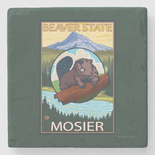 Biber u. Mt.-Haube - Mosier, Oregon Steinuntersetzer (Vorderseite)