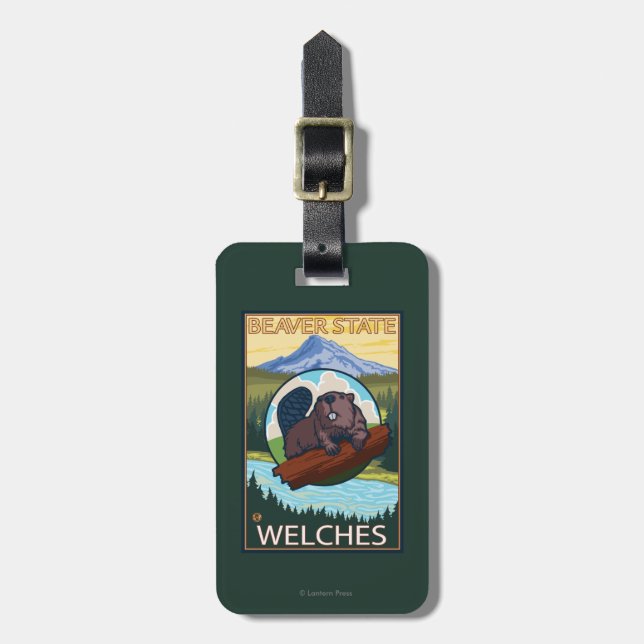 Biber u. Mt.-Haube - Welches, Oregon Gepäckanhänger (Vorderseite vertikal)