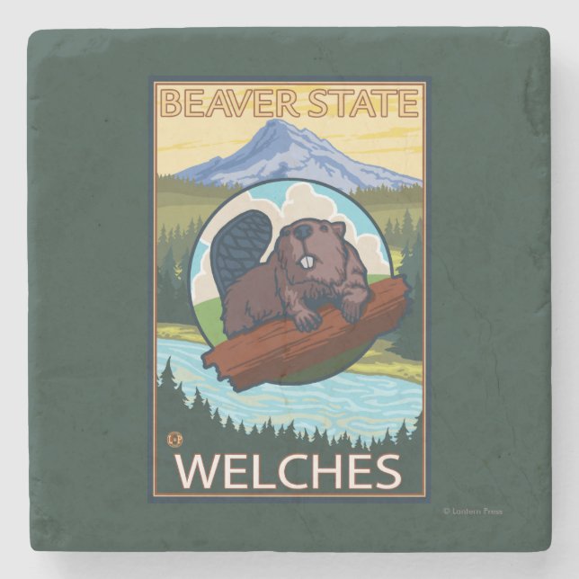 Biber u. Mt.-Haube - Welches, Oregon Steinuntersetzer (Vorderseite)