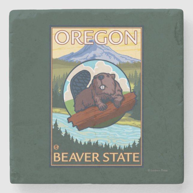 Biber-und Berg-Hauben-Szenen-Vintage Reise Steinuntersetzer (Vorderseite)