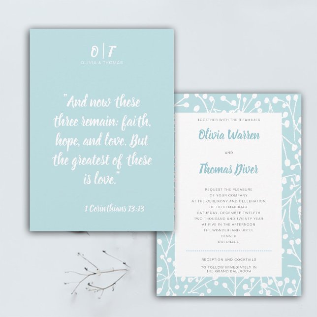 Bible Quote Winter Blue Berries Elegante Hochzeit Einladung (bible quote winter wedding invitation botanical frame snow berries elegant modern classic monograms)