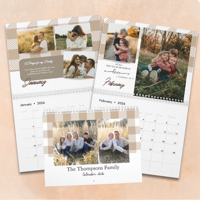 Bible Verse Beige Buffalo Plaid Family Photo Kalender (Von Creator hochgeladen)