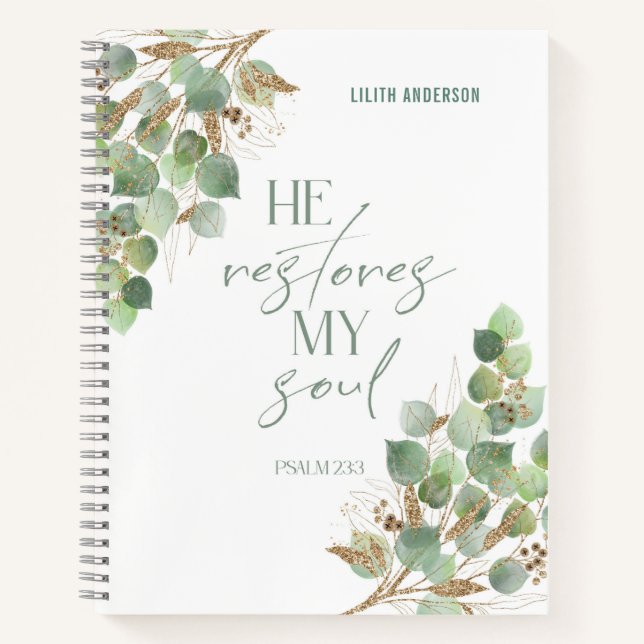 Bible Verse Green Gold Leaves Notebook Notizbuch (Vorderseite)