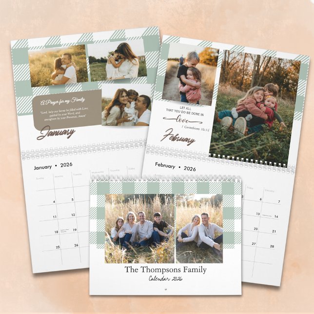 Bible Verse Sage Green Buffalo Plaid Family Photo Kalender (Von Creator hochgeladen)