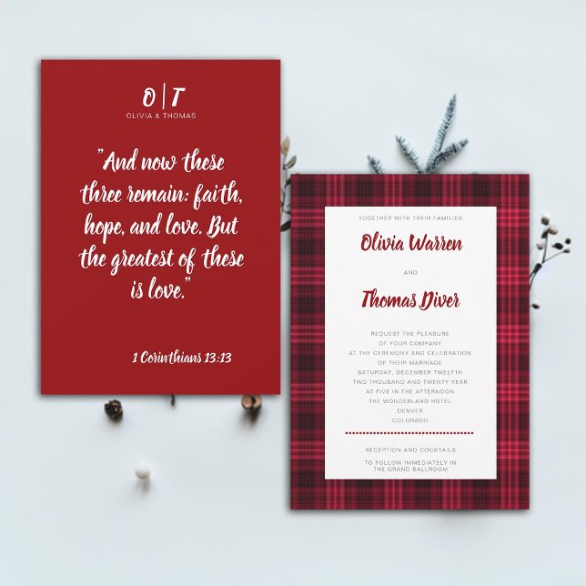 Bible Verse Winter Gemütlich Rot Kariert Elegante  Einladung (Bible verse winter wedding invitation cozy Christmas red plaid elegant rustic snow holidays mountain)