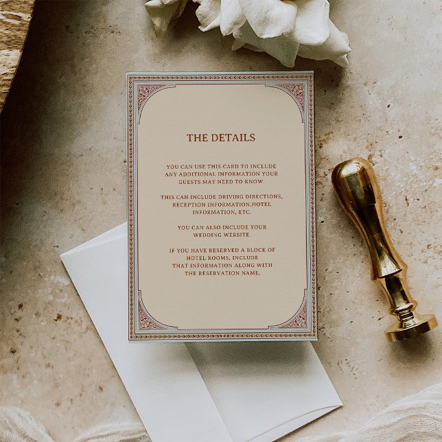 Bibliothek | Elegante Vintage Rahmen Hochzeitsdeta Begleitkarte (A vintage, Victorian inspired wedding detail card in neutral tones with ornate borders)