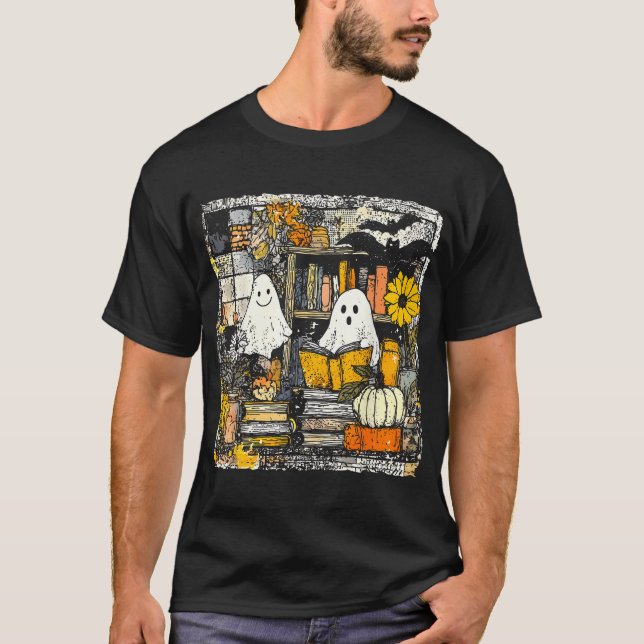 Bibliothek mit Ghost Reading Book Lovers T-Shirt (Vorderseite)