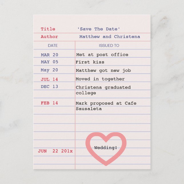 Bibliothekskarte Save the Date Postkarte (Vorderseite)