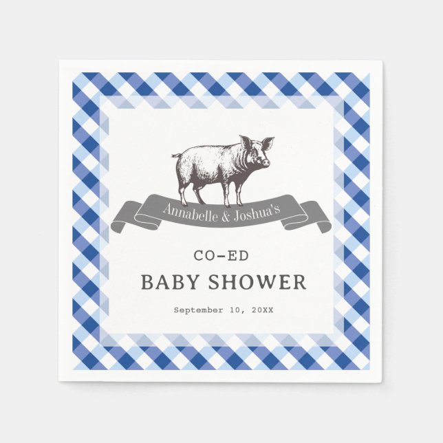 Bibs & Ribs BBQ Rustikale Navy-Gingham-Baby-Party Serviette (Vorderseite)