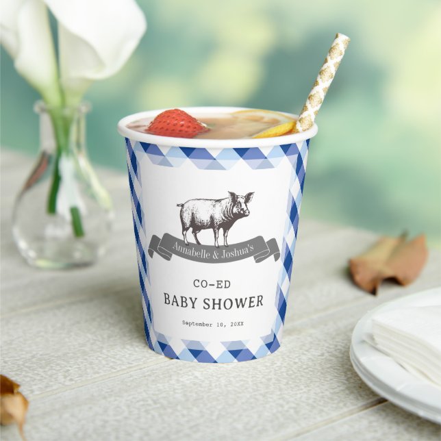 Bibs & Ribs BBQ Rustikale Navy Gingham Babyparty Pappbecher (In Situ)