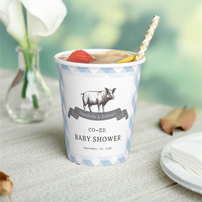 Bibs & Ribs GRILLEN Rustic Blue Gingham Baby Showe Pappbecher (In Situ)