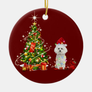 Bichon frisch mit Hutschuh Weihnachten Keramik Ornament