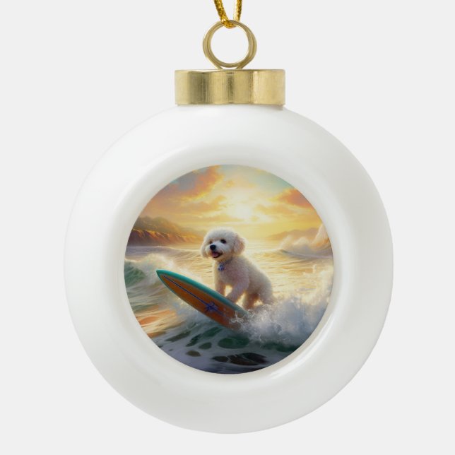Bichon Frise Beach Surfmalerei Keramik Kugel-Ornament (Vorderseite)