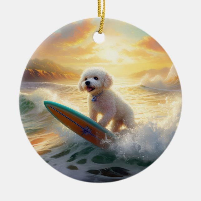 Bichon Frise Beach Surfmalerei Keramik Ornament (Vorne)
