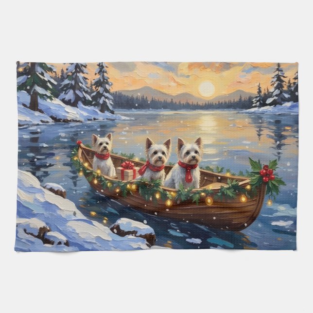 Bichon Frise Christmas Boat Holiday Geschirrtuch (Horizontal)
