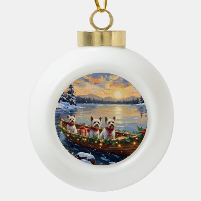 Bichon Frise Christmas Boat Holiday Keramik Kugel-Ornament (Vorderseite)