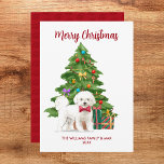Bichon Frise Christmas Card Feiertagskarte<br><div class="desc">Niedliche Bichon Frise Weihnachtskarte mit Weihnachtsbaum und Geschenken. Personalisieren Sie mit Ihrem eigenen Text.</div>