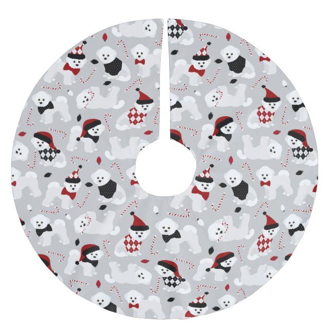 Bichon Frise Christmas Gray Polyester Weihnachtsbaumdecke (Vorderseite)