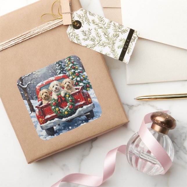 Bichon Frise Christmas Red Truck Holiday Quadratischer Aufkleber (Schenken)