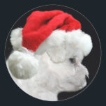 Bichon Frise Christmas Runder Aufkleber<br><div class="desc">Bichon Frise Welpe in einer Weihnachtsmannmütze Foto Aufkleber</div>
