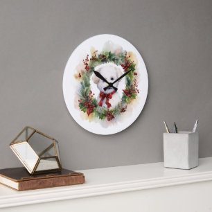Bichon Frise Christmas Wreath Festivals Große Wanduhr