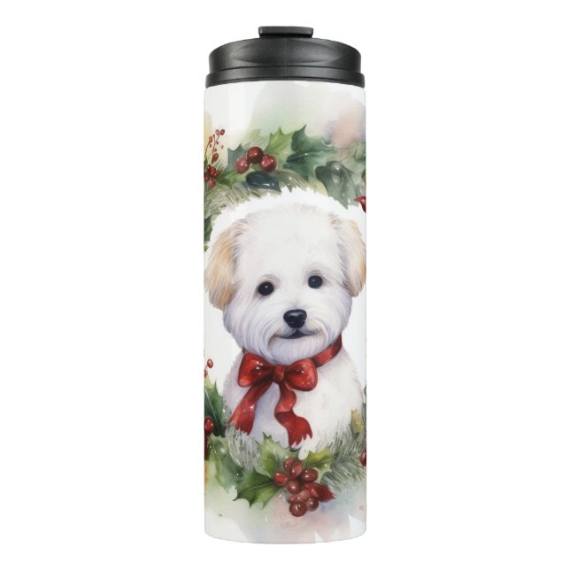 Bichon Frise Christmas Wreath Festivals Thermosbecher (Vorderseite)