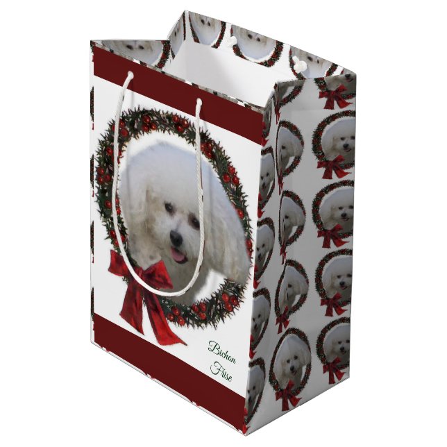 Bichon Frise Christmas Wreath Mittlere Geschenktüte (Rückseite Schrägansicht)