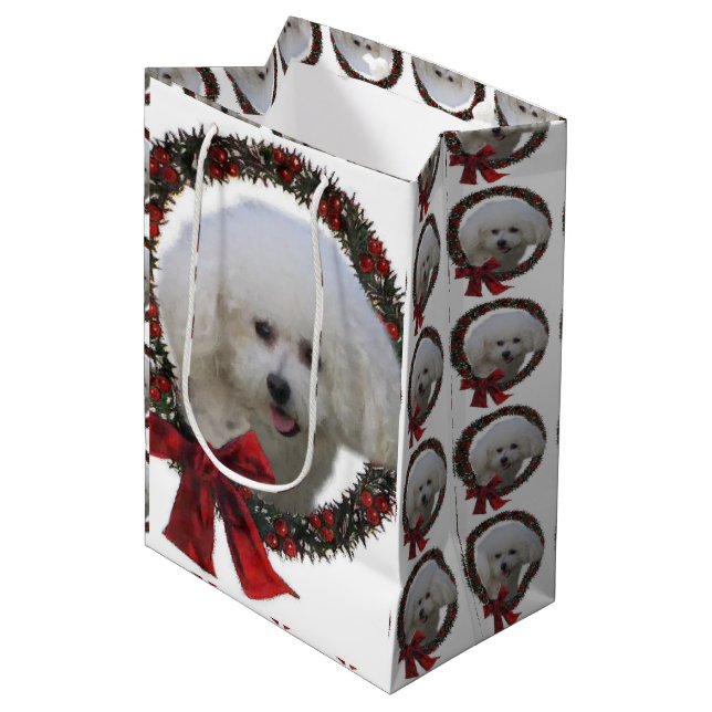 Bichon Frise Christmas Wreath Mittlere Geschenktüte (Vorderseite Schrägansicht)